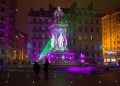View of Fontaine d'Etoiles installation by artist Patrice Warrener at Place des Jacobins during the rehearsal for the Festival of Lights in Central Lyon