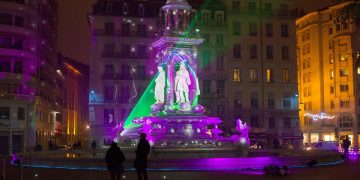 View of Fontaine d'Etoiles installation by artist Patrice Warrener at Place des Jacobins during the rehearsal for the Festival of Lights in Central Lyon