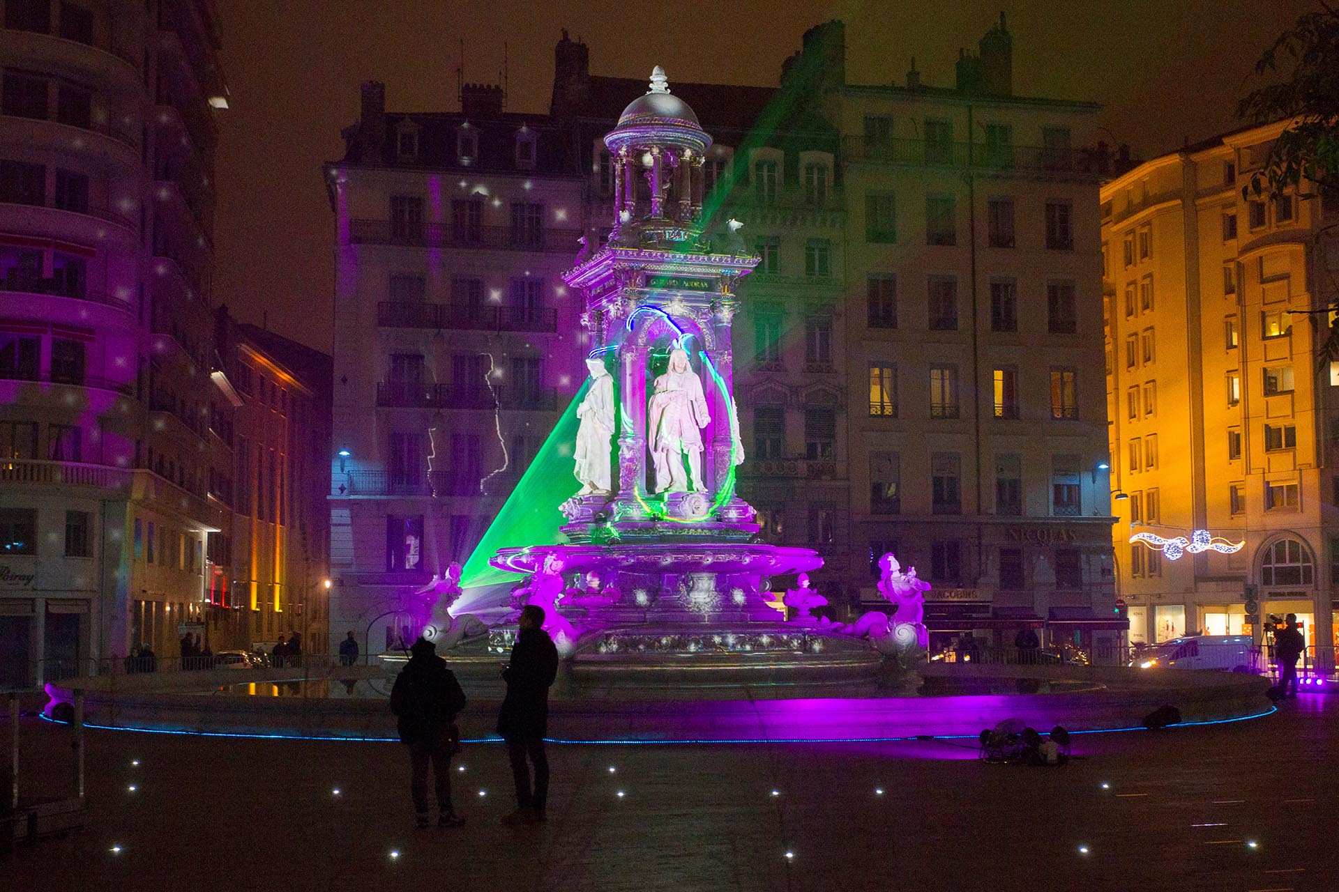 View of Fontaine d'Etoiles installation by artist Patrice Warrener at Place des Jacobins during the rehearsal for the Festival of Lights in Central Lyon