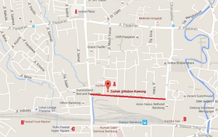 Screenshot lokasi Hotel Zodiak Kebon Kawung dan lingkungan sekitarnya, by vie. Keterangan: (A) Kartika Sari, (B) Paskal Food Market, (C) Paskal Hyper Square, (D) Kartika Sari, (E) Istana Plaza, ——– spot kuliner Bandung
