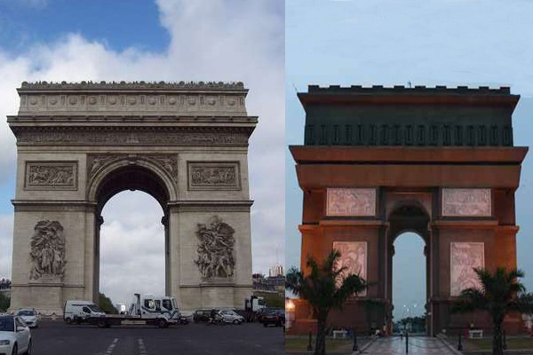  Arch de Triomphe (kiri) dan Monumen Simpang Lima Gumul (kanan). (detik.com)